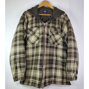 Dickies Jacket M Large Brown/green Plaid Flannel Quilted Lining Hooded Full Zip